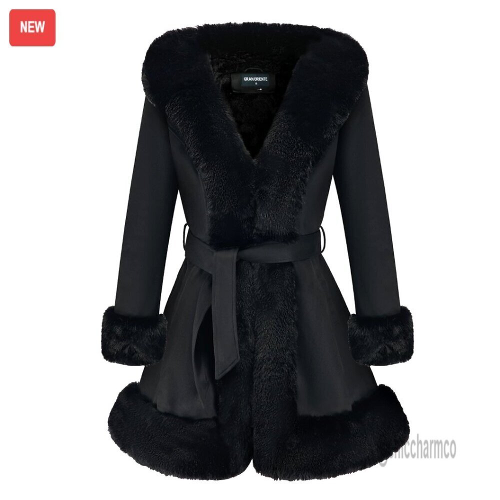 Faux Fur Collar Suede Jacket with Belt, Long Sleeve Winter Parka Coat